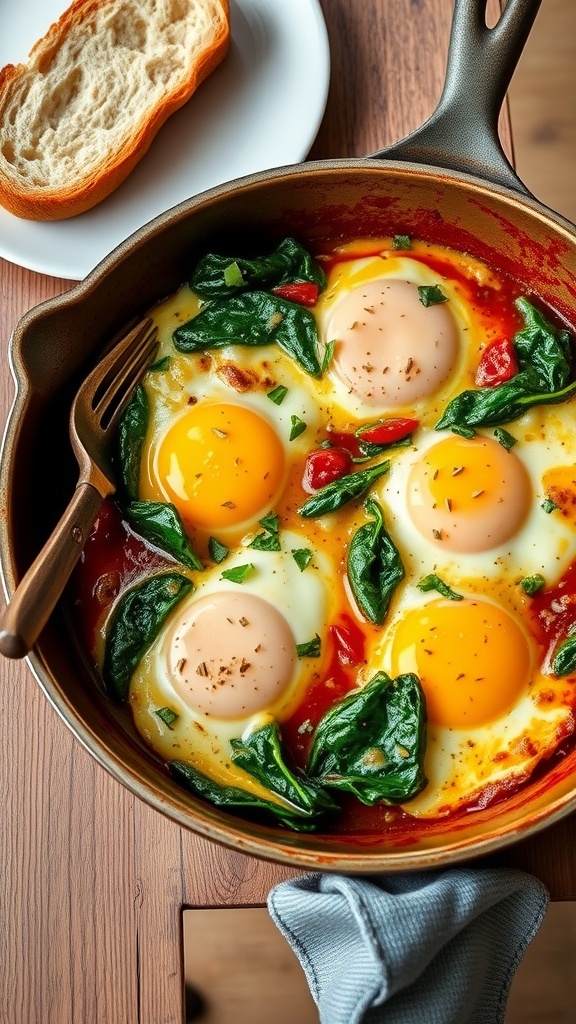 Oven-Baked Eggs with Spinach and Cheese Oven-baked eggs with spinach and cheese in a skillet, garnished with herbs, on a wooden table with bread.